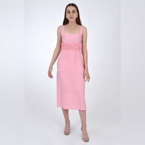 FANM MON Bahar Manmzel Collection Geranium Pink Floral Midi Dress NWT L $350